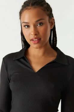 Stitches Ladies Tops Ribbed Collar Long Sleeve Cropped Top