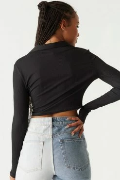 Stitches Ladies Tops Ribbed Collar Long Sleeve Cropped Top