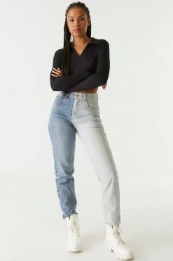 Stitches Ladies Tops Ribbed Collar Long Sleeve Cropped Top