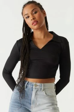 Stitches Ladies Tops Ribbed Collar Long Sleeve Cropped Top