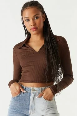 Stitches Ladies Tops Ribbed Collar Long Sleeve Cropped Top