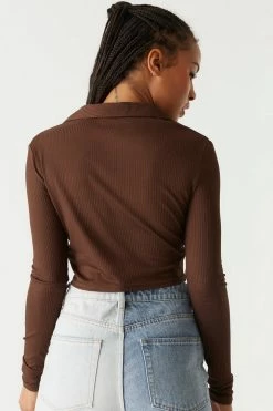 Stitches Ladies Tops Ribbed Collar Long Sleeve Cropped Top