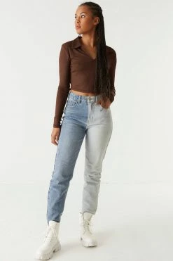 Stitches Ladies Tops Ribbed Collar Long Sleeve Cropped Top