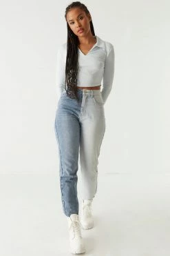 Stitches Ladies Tops Ribbed Collar Long Sleeve Cropped Top