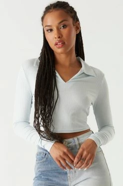 Stitches Ladies Tops Ribbed Collar Long Sleeve Cropped Top