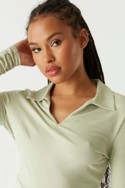 Stitches Ladies Tops Ribbed Collar Long Sleeve Cropped Top