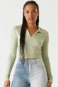 Stitches Ladies Tops Ribbed Collar Long Sleeve Cropped Top