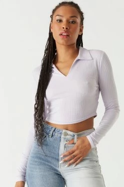 Stitches Ladies Tops Ribbed Collar Long Sleeve Cropped Top