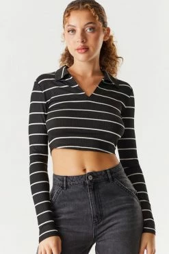 Stitches Ladies Tops Black Striped Ribbed Collar Long Sleeve Cropped Top