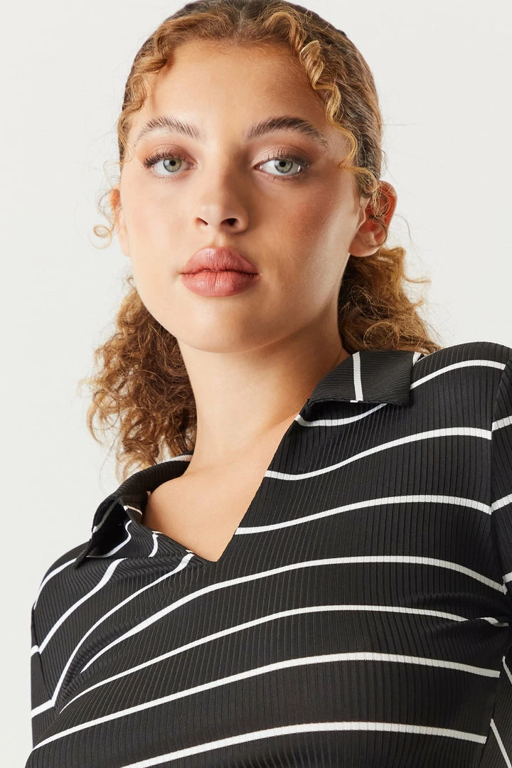 Stitches Ladies Tops Black Striped Ribbed Collar Long Sleeve Cropped Top 2 Stitches Ladies Tops Black Striped Ribbed Collar Long Sleeve Cropped Top