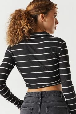 Stitches Ladies Tops Black Striped Ribbed Collar Long Sleeve Cropped Top 6 Stitches Ladies Tops Black Striped Ribbed Collar Long Sleeve Cropped Top