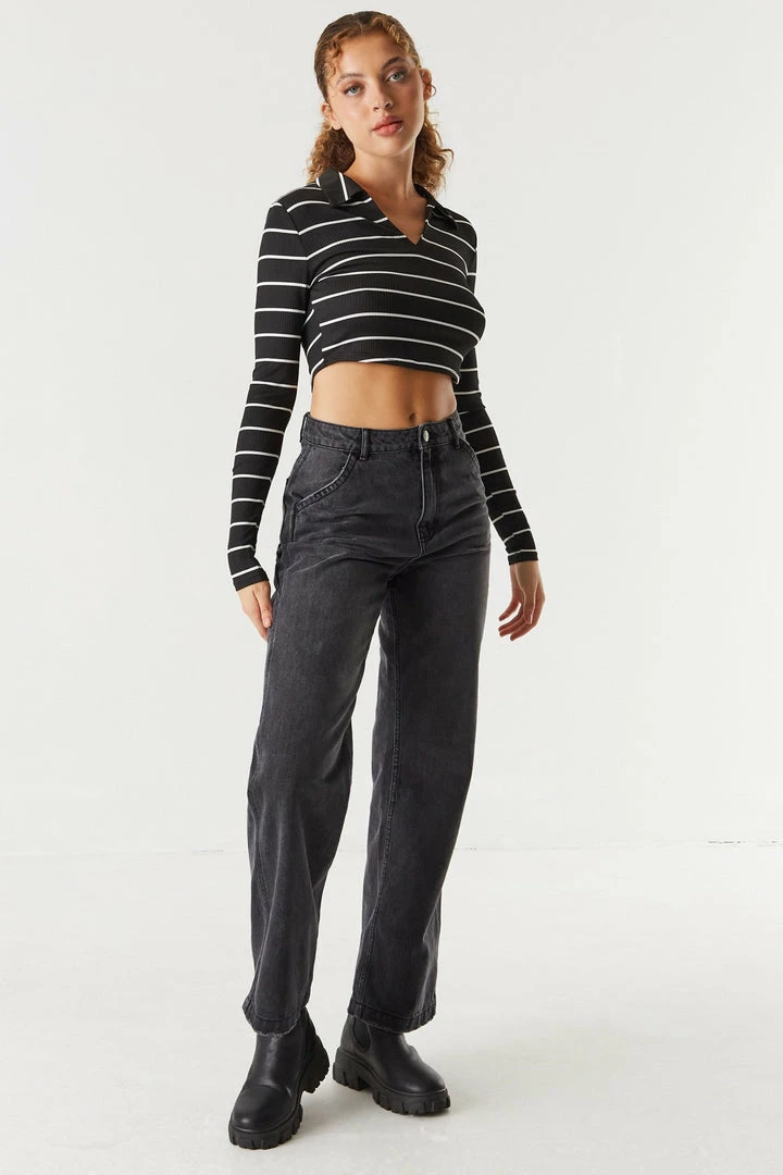 Stitches Ladies Tops Black Striped Ribbed Collar Long Sleeve Cropped Top 4 Stitches Ladies Tops Black Striped Ribbed Collar Long Sleeve Cropped Top