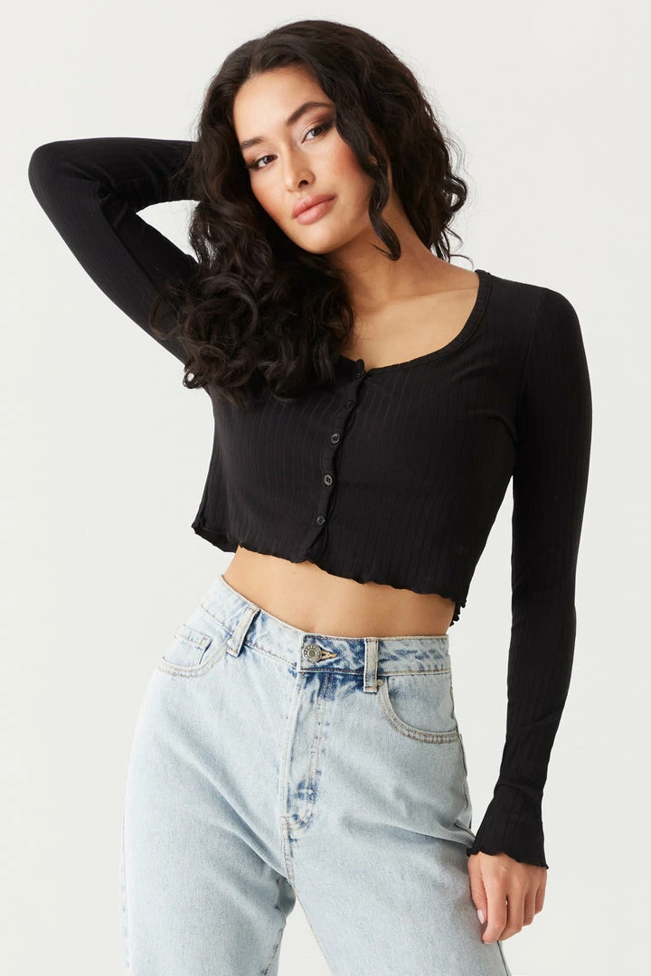 Stitches Ladies Tops Ribbed V-Neck Lettuce Trim Cardigan 4 Stitches Ladies Tops Ribbed V-Neck Lettuce Trim Cardigan