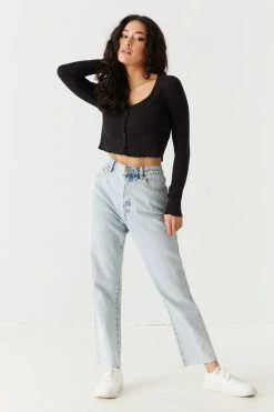 Stitches Ladies Tops Ribbed V-Neck Lettuce Trim Cardigan 23 Stitches Ladies Tops Ribbed V-Neck Lettuce Trim Cardigan