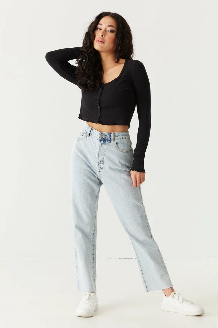 Stitches Ladies Tops Ribbed V-Neck Lettuce Trim Cardigan 6 Stitches Ladies Tops Ribbed V-Neck Lettuce Trim Cardigan