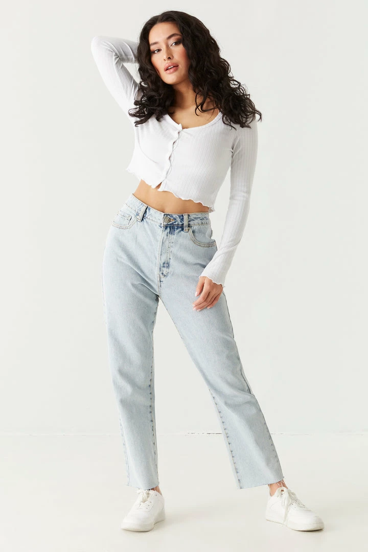 Stitches Ladies Tops Ribbed V-Neck Lettuce Trim Cardigan 9 Stitches Ladies Tops Ribbed V-Neck Lettuce Trim Cardigan