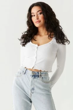 Stitches Ladies Tops Ribbed V-Neck Lettuce Trim Cardigan 24 Stitches Ladies Tops Ribbed V-Neck Lettuce Trim Cardigan