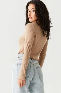 Stitches Ladies Tops Ribbed V-Neck Lettuce Trim Cardigan 28 Stitches Ladies Tops Ribbed V-Neck Lettuce Trim Cardigan