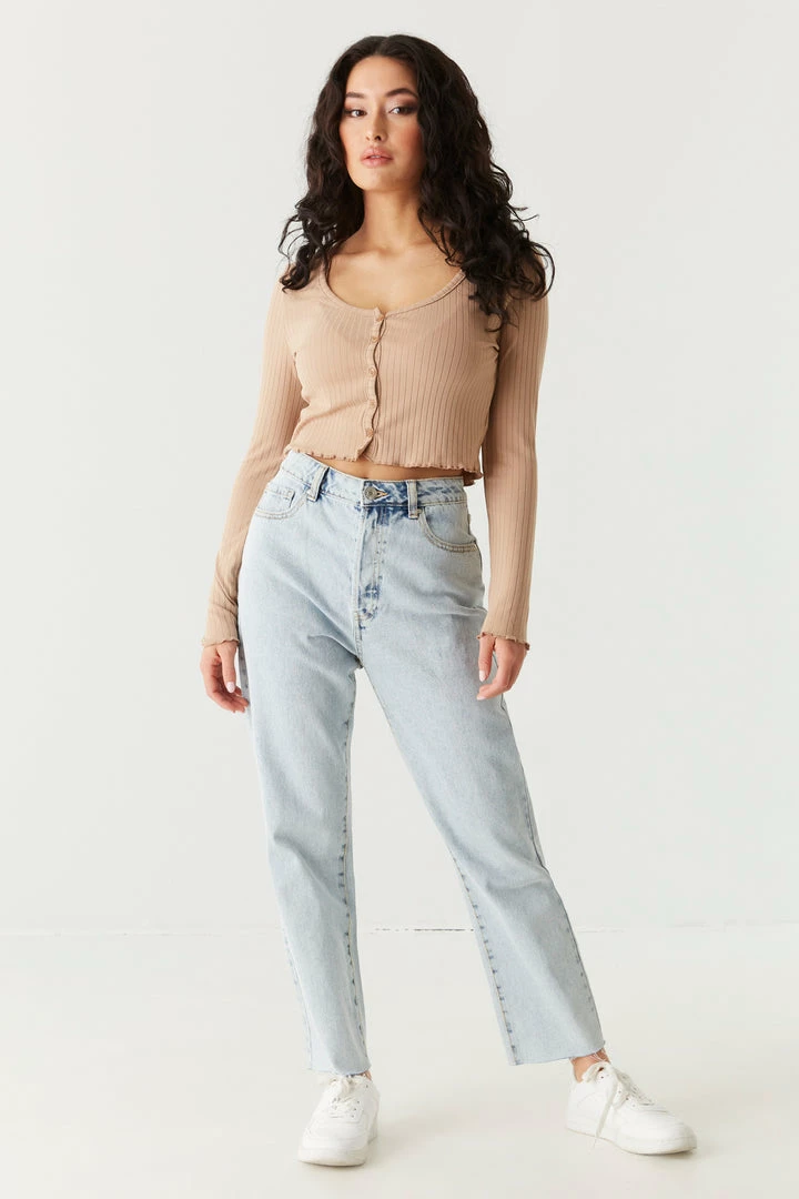 Stitches Ladies Tops Ribbed V-Neck Lettuce Trim Cardigan 12 Stitches Ladies Tops Ribbed V-Neck Lettuce Trim Cardigan