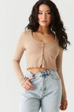 Stitches Ladies Tops Ribbed V-Neck Lettuce Trim Cardigan 27 Stitches Ladies Tops Ribbed V-Neck Lettuce Trim Cardigan