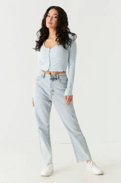 Stitches Ladies Tops Ribbed V-Neck Lettuce Trim Cardigan 32 Stitches Ladies Tops Ribbed V-Neck Lettuce Trim Cardigan