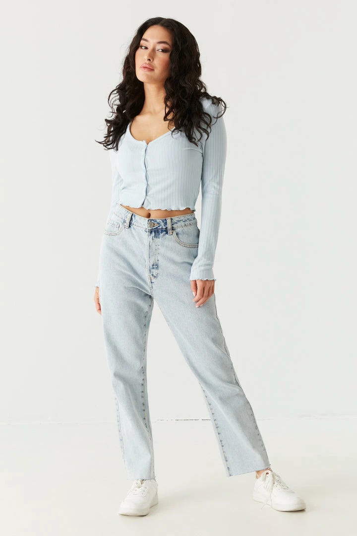 Stitches Ladies Tops Ribbed V-Neck Lettuce Trim Cardigan 15 Stitches Ladies Tops Ribbed V-Neck Lettuce Trim Cardigan