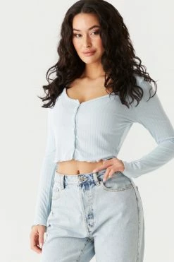 Stitches Ladies Tops Ribbed V-Neck Lettuce Trim Cardigan 30 Stitches Ladies Tops Ribbed V-Neck Lettuce Trim Cardigan