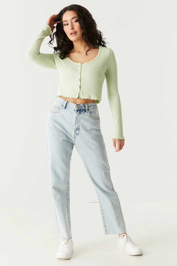 Stitches Ladies Tops Ribbed V-Neck Lettuce Trim Cardigan 3 Stitches Ladies Tops Ribbed V-Neck Lettuce Trim Cardigan