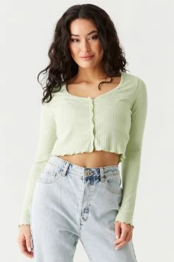 Stitches Ladies Tops Ribbed V-Neck Lettuce Trim Cardigan