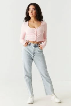 Stitches Ladies Tops Ribbed V-Neck Lettuce Trim Cardigan 35 Stitches Ladies Tops Ribbed V-Neck Lettuce Trim Cardigan