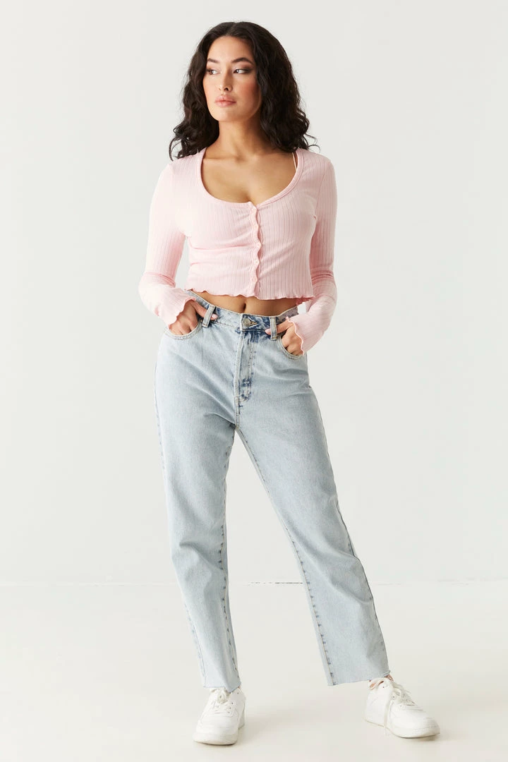 Stitches Ladies Tops Ribbed V-Neck Lettuce Trim Cardigan 18 Stitches Ladies Tops Ribbed V-Neck Lettuce Trim Cardigan