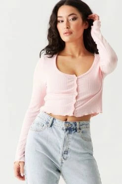 Stitches Ladies Tops Ribbed V-Neck Lettuce Trim Cardigan 33 Stitches Ladies Tops Ribbed V-Neck Lettuce Trim Cardigan