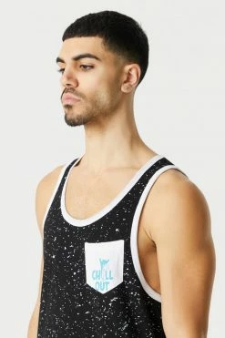 Mens Tops Splatter Print Chill Out Pocket Graphic Tank Top