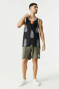 Mens Pineapple Graphic Contrast Pocket Tank Top