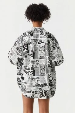 Stitches Ladies Newspaper Print Oversized Button-Up Shirt Tops