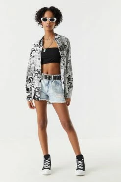 Stitches Ladies Newspaper Print Oversized Button-Up Shirt Tops