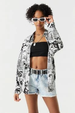 Stitches Ladies Newspaper Print Oversized Button-Up Shirt Tops