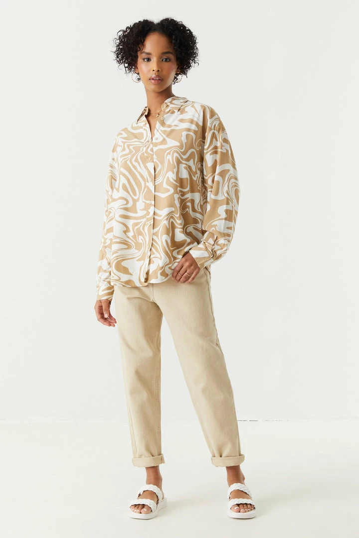 Stitches Ladies Marble Print Oversized Button-Up Shirt Tops 3 Stitches Ladies Marble Print Oversized Button-Up Shirt Tops