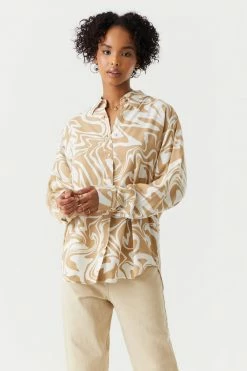 Stitches Ladies Marble Print Oversized Button-Up Shirt Tops