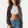 Stitches Ladies Split Brown Plaid Crop Flannel Shirt
