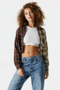 Stitches Ladies Split Brown Plaid Crop Flannel Shirt