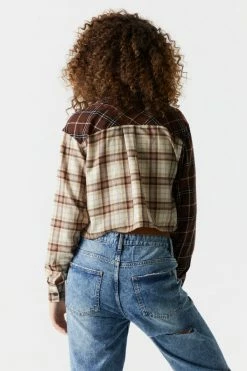 Stitches Ladies Split Brown Plaid Crop Flannel Shirt