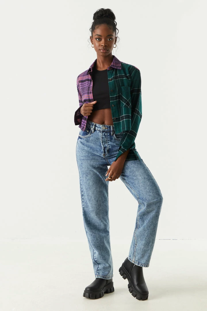 Stitches Ladies Split Green Plaid Cropped Flannel Shirt 3 Stitches Ladies Split Green Plaid Cropped Flannel Shirt