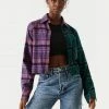 Stitches Ladies Split Green Plaid Cropped Flannel Shirt