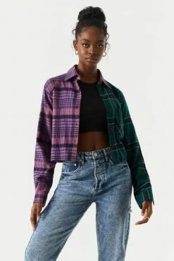 Stitches Ladies Split Green Plaid Cropped Flannel Shirt