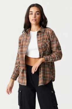 Stitches Ladies Tan Plaid Classic Fit Flannel Top Tops