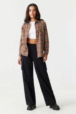 Stitches Ladies Tan Plaid Classic Fit Flannel Top Tops