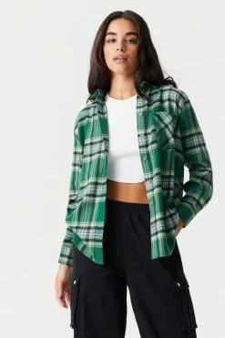 Stitches Ladies Green Plaid Classic Fit Flannel Top Tops