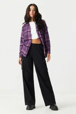 Stitches Ladies Purple Plaid Classic Fit Flannel Top