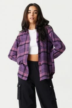 Stitches Ladies Purple Plaid Classic Fit Flannel Top